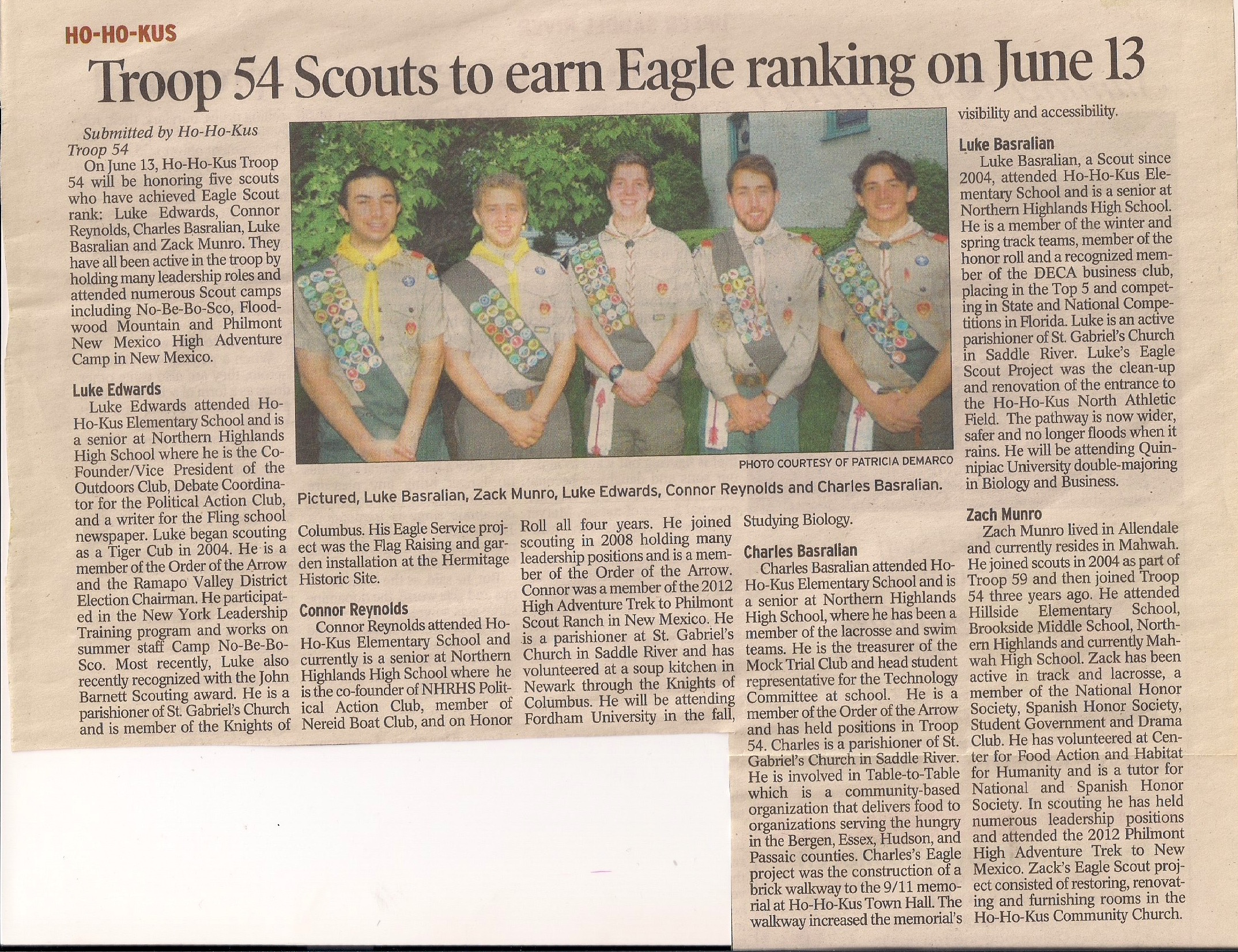 June 2015 - Eagle Scouts - Luke Basralian, Zack Munro, Luke Edwards, Connor Reynolds, & Charles Basralian 1